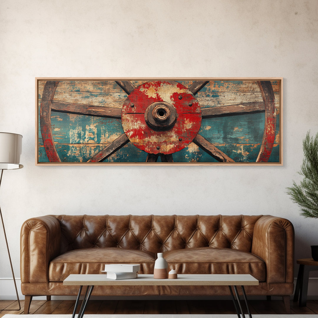 Weathered Wagon Wheel On Turquoise Wood Wall Art, Rustic Western Framed Canvas Print, Farmhouse Decor For Man Cave Home Bar Decor