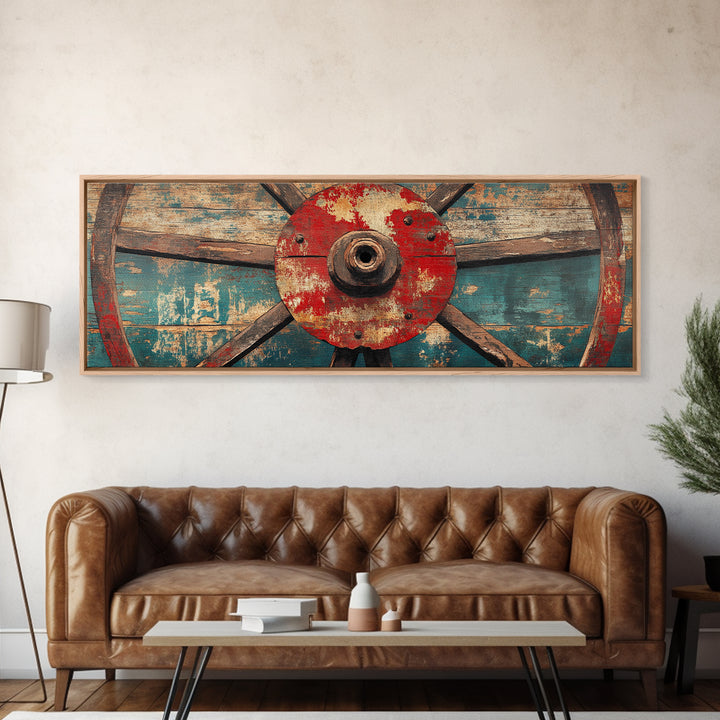 Weathered Wagon Wheel On Turquoise Wood Wall Art, Rustic Western Framed Canvas Print, Farmhouse Decor For Man Cave Home Bar Decor