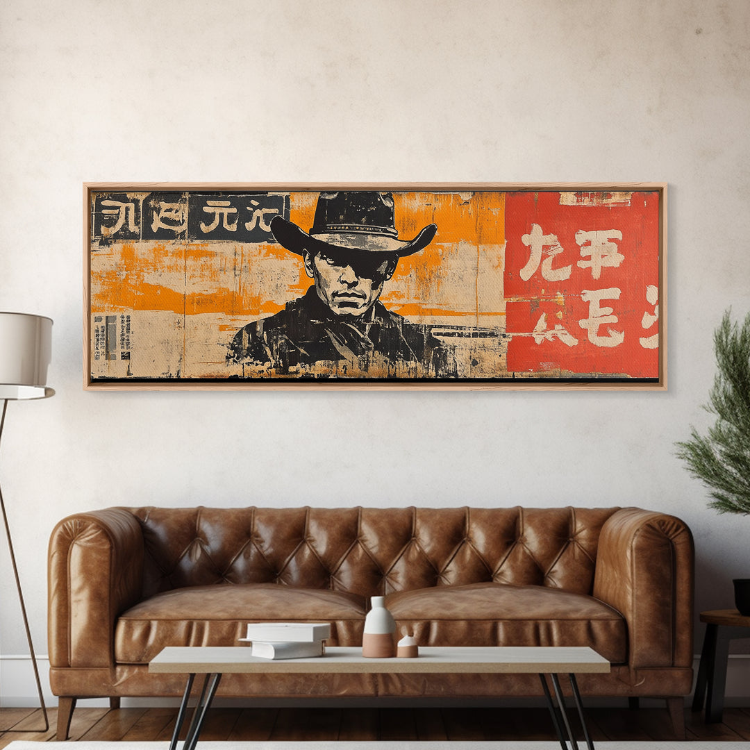 Stoic Cowboy Portrait On Orange Poster Wall Art, Western Pop Art Canvas Print, Man Cave Decor Gift For Him Rustic Home Decor