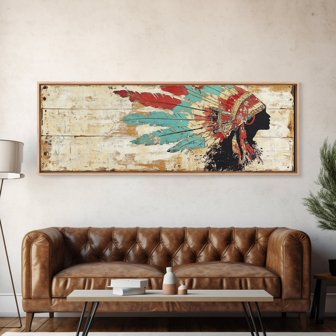 Native American Headdress Silhouette Wall Art, Western Tribal Canvas Print, Rustic Indigenous Decor For Living Room Home Decor