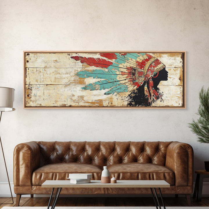 Native American Headdress Silhouette Wall Art, Western Tribal Canvas Print, Rustic Indigenous Decor For Living Room Home Decor