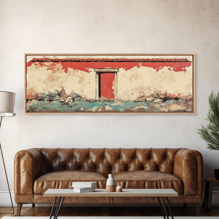 Weathered Red Door Adobe Facade Wall Art, Rustic Southwestern Canvas Print, Farmhouse Entryway Decor, Long Horizontal Art