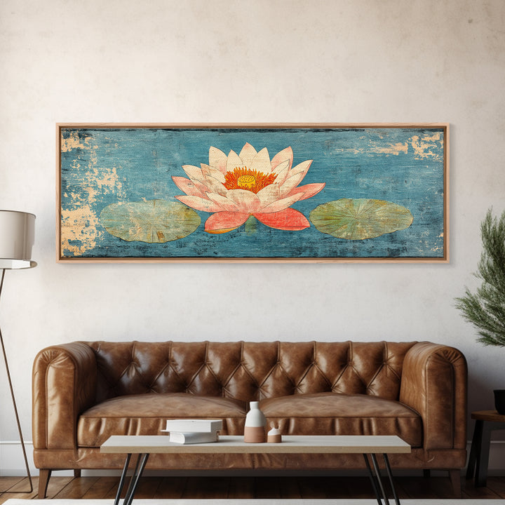 Pink Lotus Flower On Blue Pond Wall Art, Japanese Water Lily Canvas Print, Zen Bathroom Decor, Botanical Coastal Home Decor