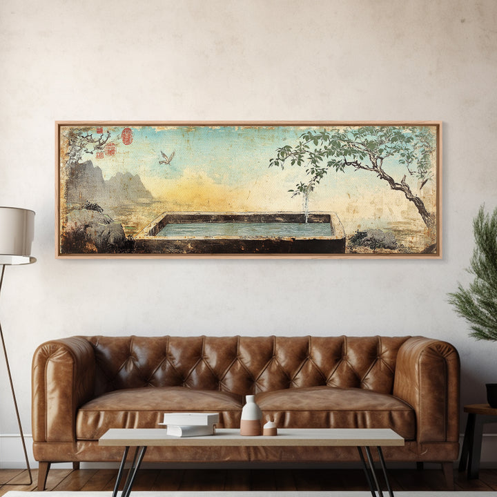 Stone Garden Fountain With Tree Wall Art, Japandi Courtyard Canvas Print, Zen Spa Decor, Asian Inspired Landscape Wall Decor