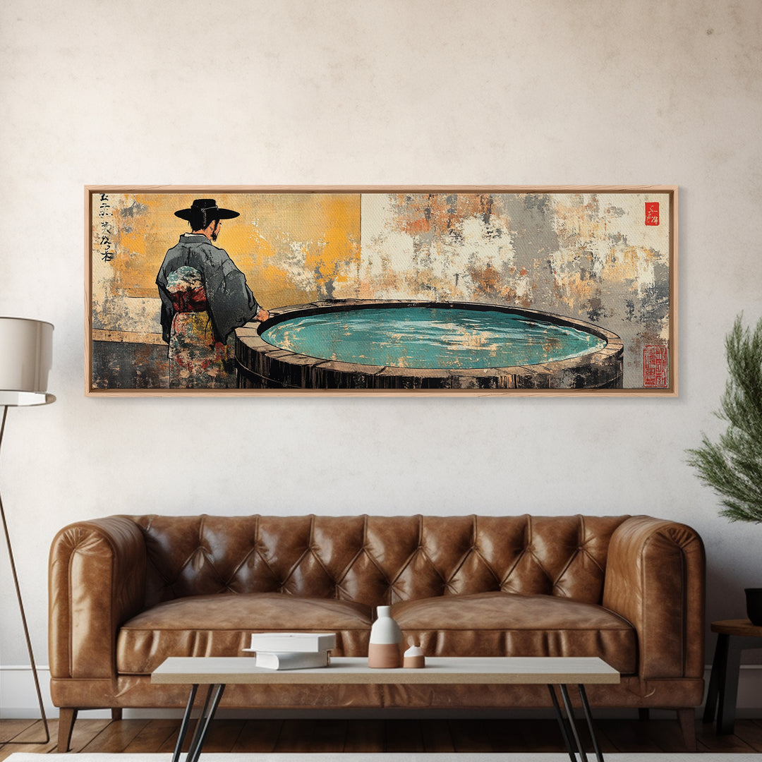 Kimono Figure Beside Round Pool Wall Art, Japanese Onsen Canvas Print, Wabi Sabi Spa Decor, Asian Bathroom Wall Decor Print