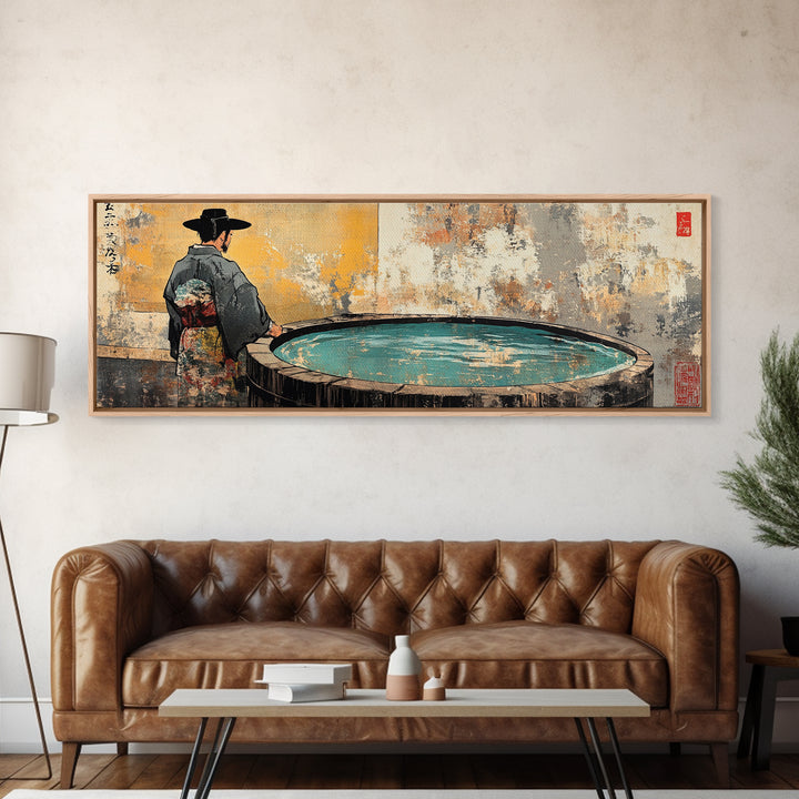 Kimono Figure Beside Round Pool Wall Art, Japanese Onsen Canvas Print, Wabi Sabi Spa Decor, Asian Bathroom Wall Decor Print