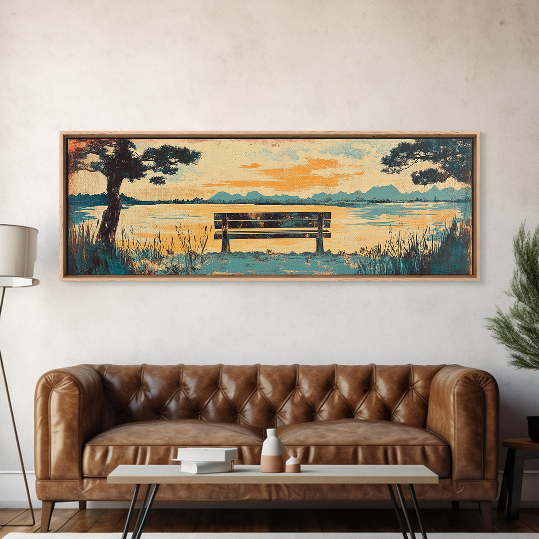 Lake Bench At Sunset With Pine Trees Wall Art, Coastal Landscape Canvas Print, Serene Living Room Decor, Long Horizontal Art
