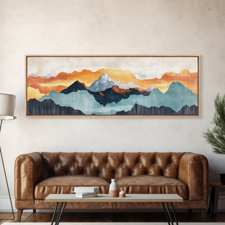 Layered Blue Orange Mountain Range Wall Art, Abstract Landscape Canvas Print, Modern Rustic Decor, Extra Wide Living Room Art