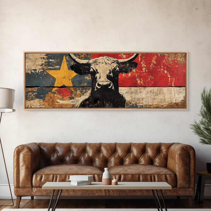 Black Longhorn Bull Texas Flag Wall Art, Western Canvas Print, Rustic Ranch Decor, Cowboy Man Cave Decor, Americana Gift