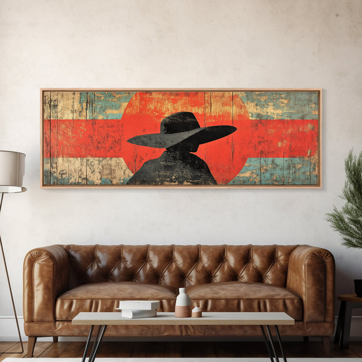 Cowboy Silhouette Red Sun Wall Art, Modern Western Canvas Print, Rustic Ranch Decor, Southwestern Living Room Statement Artwork