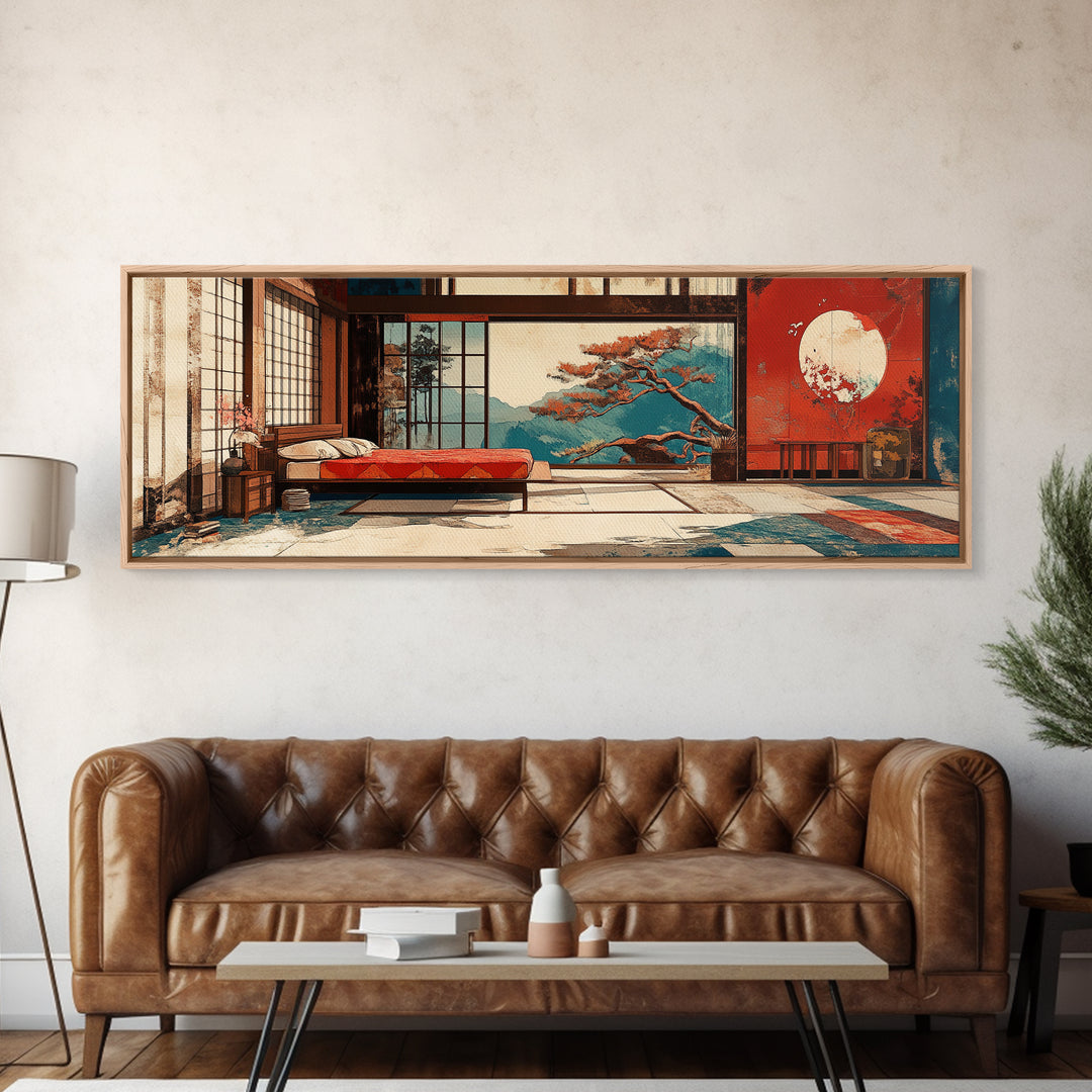 Japanese Bedroom With Moon View Wall Art, Japandi Framed Canvas Print, Zen Home Decor, Above Bed Living Room Wall Decor Print