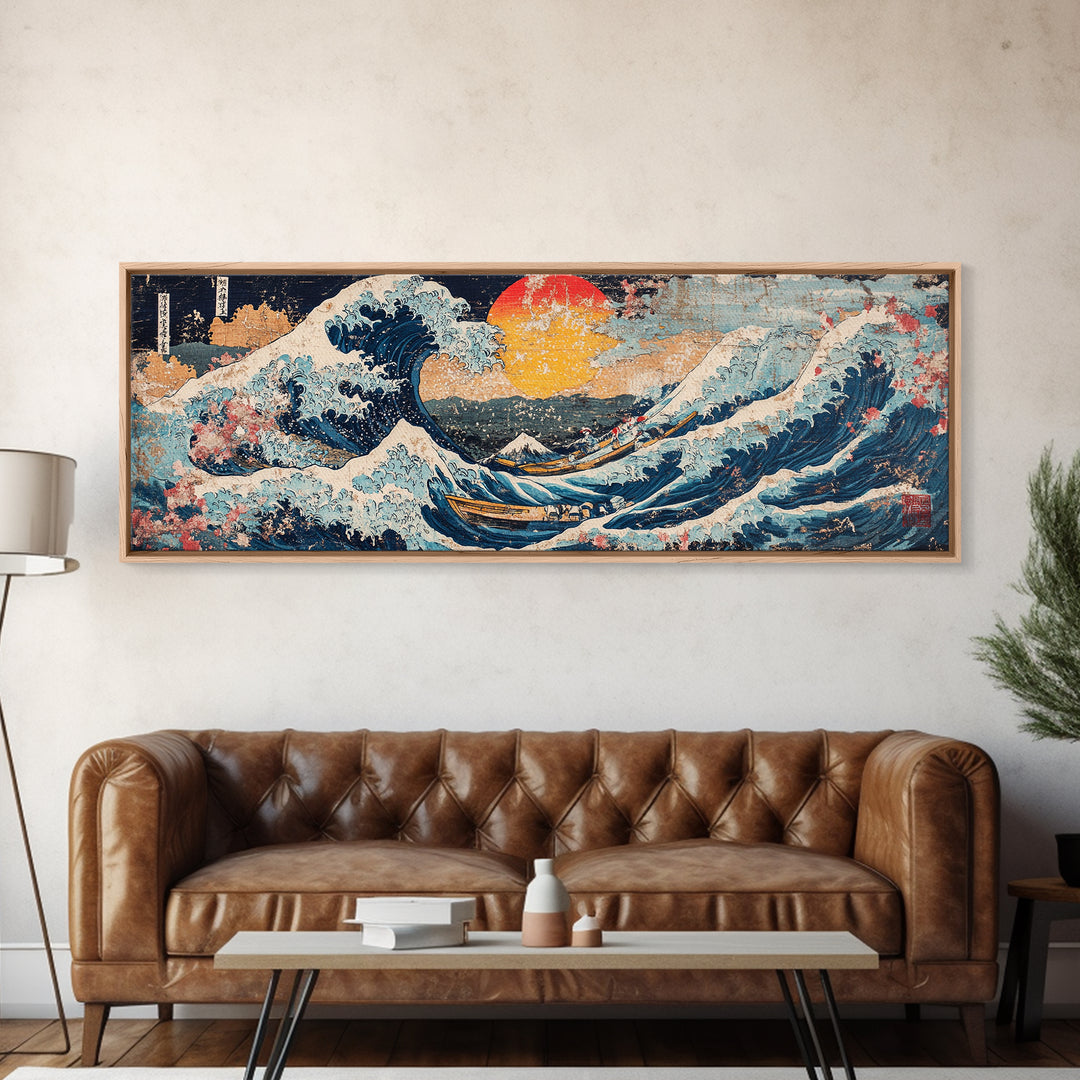 Japanese Ocean Wave And Red Sun Wall Art, Hokusai Inspired Canvas Print, Nautical Coastal Decor, Large Living Room Seascape Print