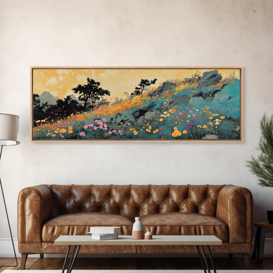 Colorful Wildflower Mountain Meadow Wall Art, Impressionist Landscape Canvas Print, Nature Decor, Large Living Room Art Print