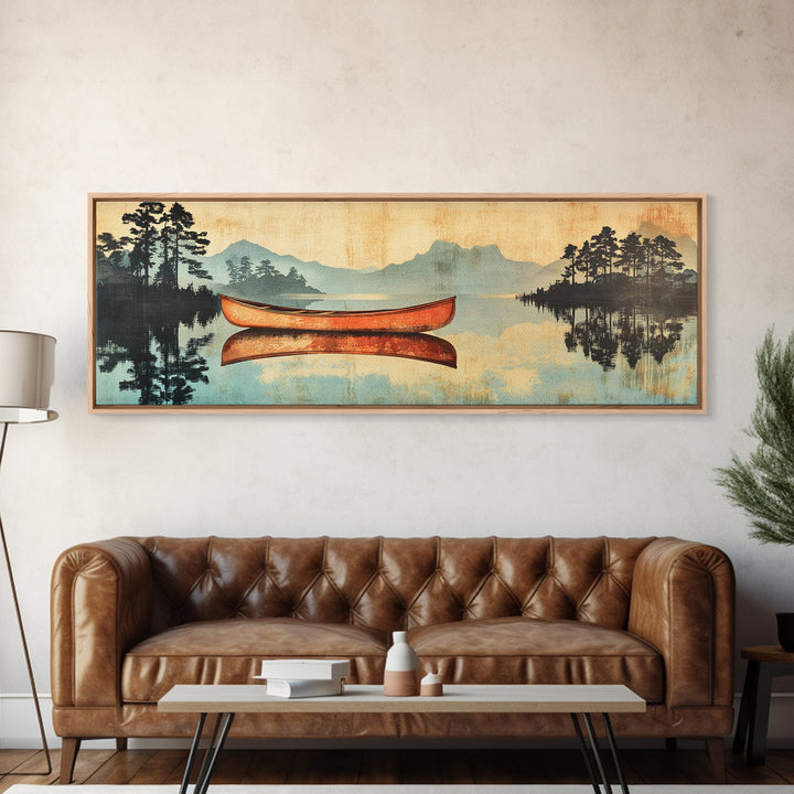 Orange Canoe On Misty Lake Framed Canvas Print, Cabin Wall Art, Rustic Landscape Art, Lake House Living Room Decor, Home Decor