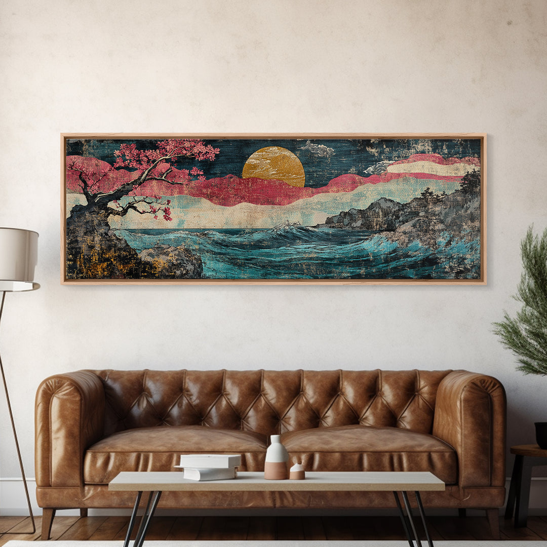 Gold Sun Ocean Wave Canvas Print, Cherry Blossom Japanese Wall Art, Coastal Seascape Art, Large Living Room Decor, Home Decor