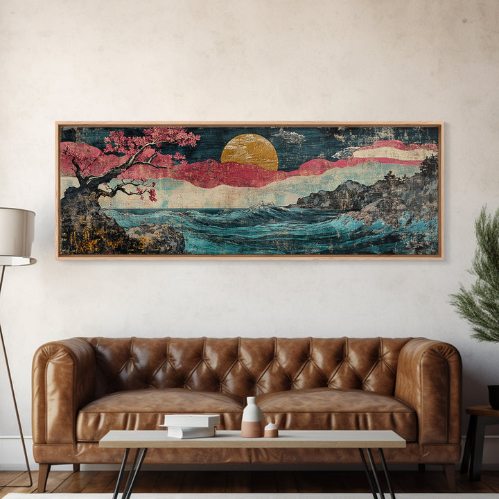 Gold Sun Ocean Wave Canvas Print, Cherry Blossom Japanese Wall Art, Coastal Seascape Art, Large Living Room Decor, Home Decor