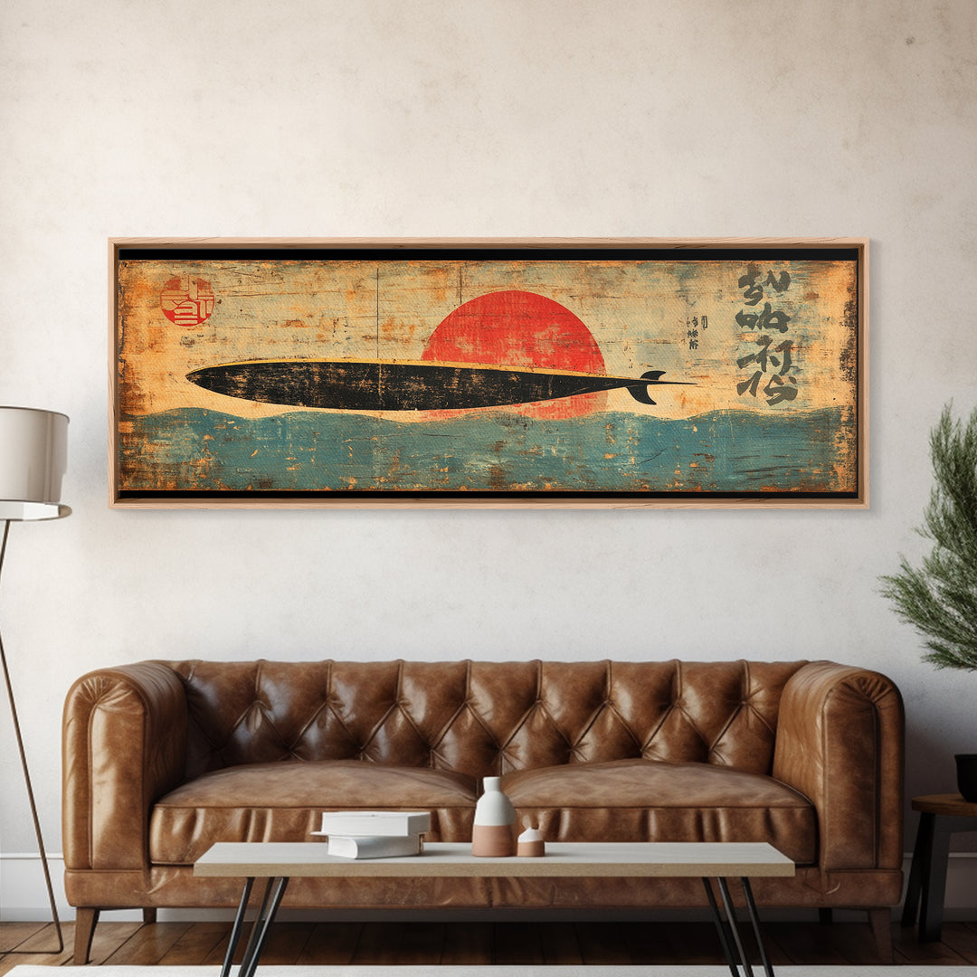 Black Fish Red Sun Framed Canvas Print, Japanese Wall Art, Asian Inspired Ocean Art, Minimalist Living Room Decor, Home Decor