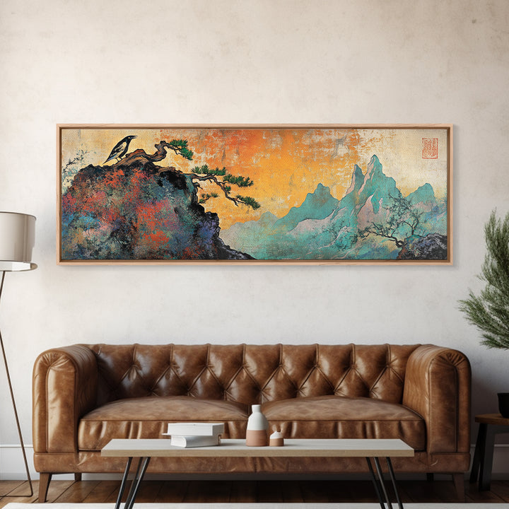 Soaring Bird Rocky Cliff Canvas Print, Teal Mountain Landscape Wall Art, Japanese Nature Art, Large Panoramic Home Decor