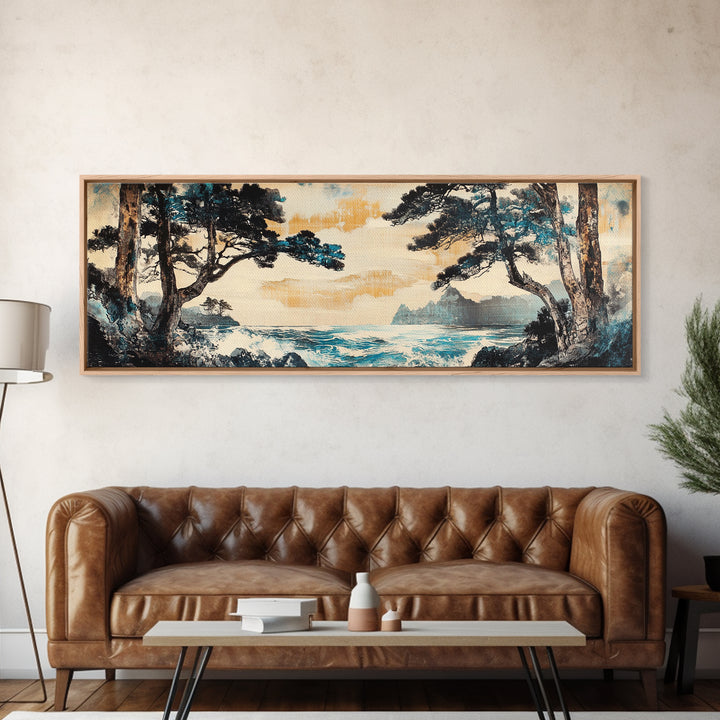 Misty Coastal Cove Canvas Print, Pine Tree Seascape Wall Art, Japanese Inspired Landscape, Large Panoramic Living Room Home Decor