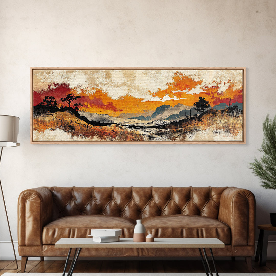 Autumn Valley Sunset Canvas Print, Orange Mountain Landscape Wall Art, Rustic Nature Art, Large Panoramic Home Decor Print