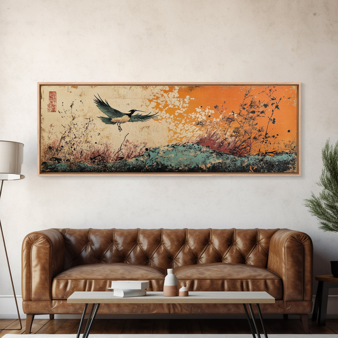 Flying Crane Over Floral Meadow Canvas Print, Japanese Bird Wall Art, Orange Sky Nature Art, Large Living Room Home Decor
