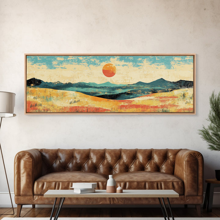 Sun Over Rolling Hills Canvas Print, Minimalist Landscape Wall Art, Mid Century Modern Home Decor, Large Living Room Print