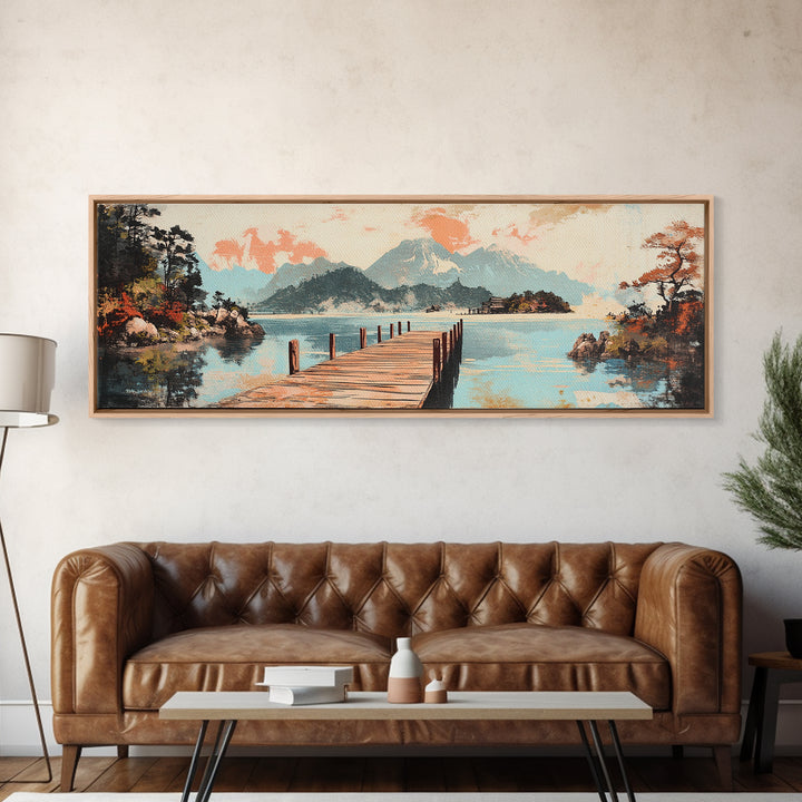 Serene Lake Dock And Mountain Canvas Print, Japanese Landscape Art, Coastal Wall Decor, Peaceful Living Room Decor, Above Sofa Wall Art