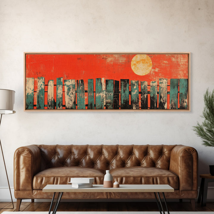 Red Sun Abstract Skyline Wall Art, Mid Century Modern Canvas Print, Urban Living Room Decor, Bold Orange City Poster Print