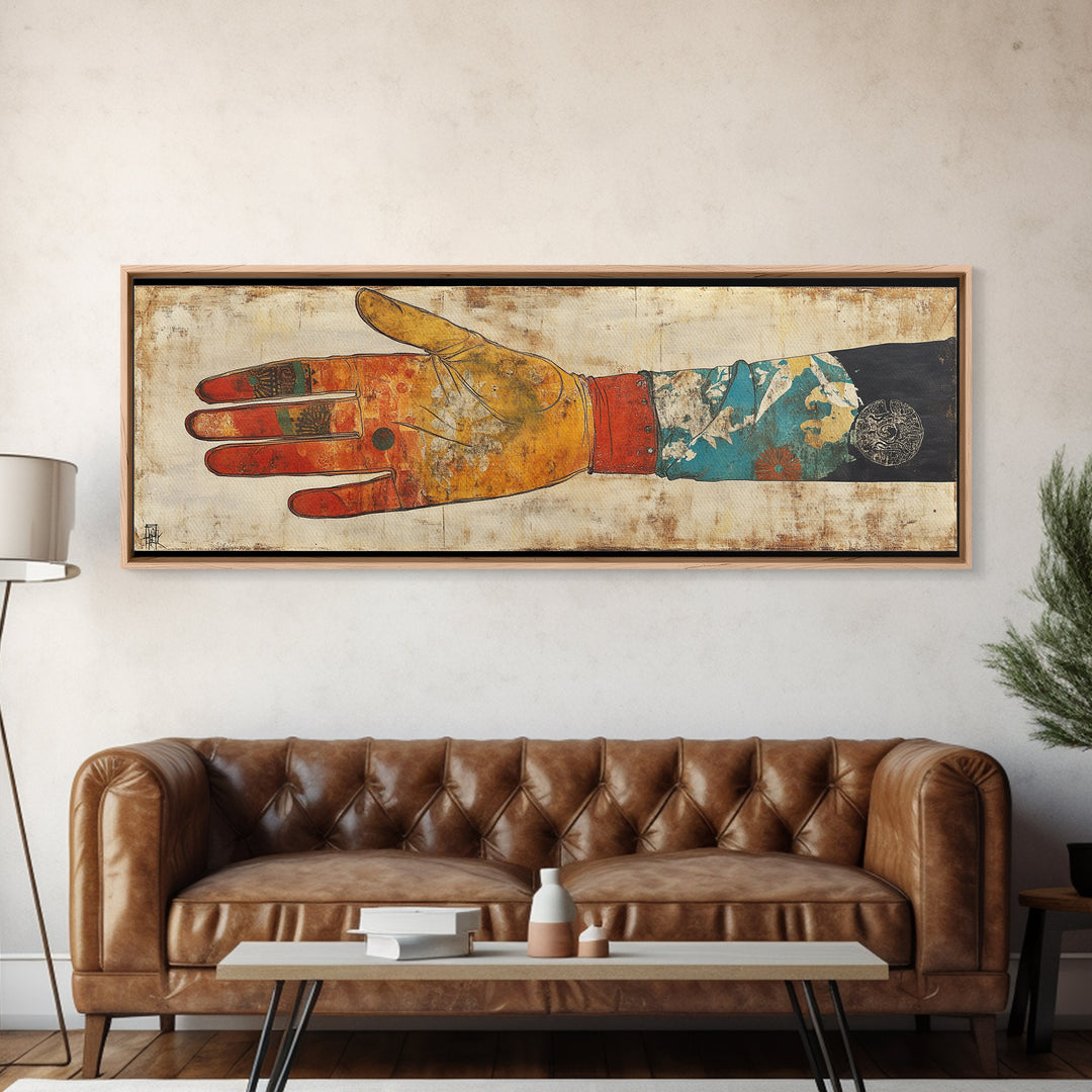 Japanese Hand And Kimono Sleeve Wall Art, Wabi Sabi Framed Canvas Print, Asian Textile Decor, Eclectic Gallery Art For Living Room