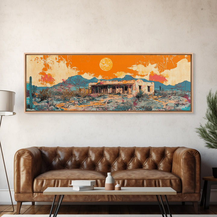 Orange Desert Adobe House Wall Art, Southwestern Landscape Canvas Print, Modern Rustic Home Decor, Santa Fe Style Poster
