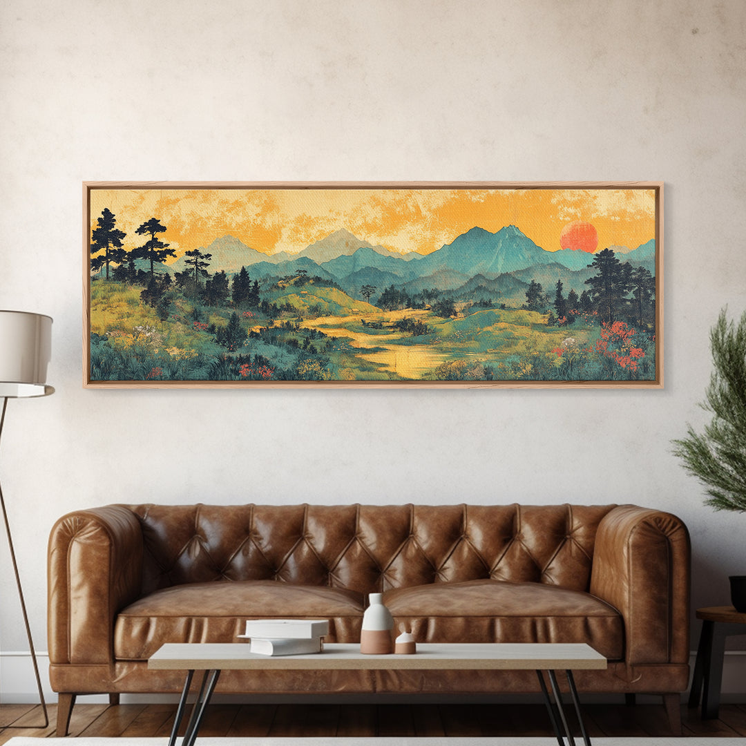 Misty Mountain Meadow Wall Art, Golden Sunrise Landscape Canvas Print, Nature Wall Decor, Above Sofa Living Room Decor Print