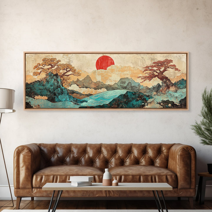 Red Sun Mountain River Landscape Wall Art, Japanese Wall Art, Panoramic Canvas, Japandi Decor, Living Room Wall Decor, Home Decor