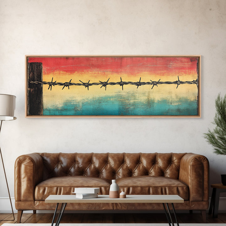 Barbed Wire Sunset Over Water Wall Art, Rustic Industrial Decor, Western Wall Art, Moody Canvas Print, Office Wall Decor