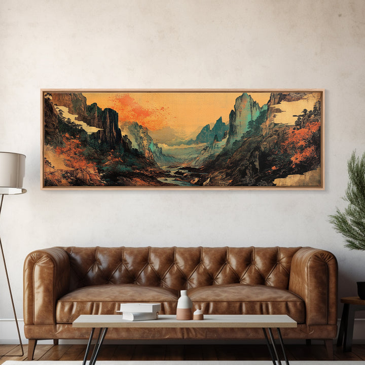 Misty Asian Mountain Valley Wall Art, Japanese Landscape, Zen Home Decor, Panoramic Canvas Print, Moody Living Room Wall Art