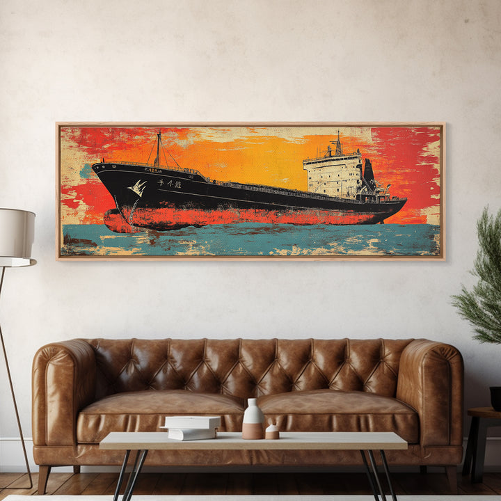Orange Cargo Ship Seascape Canvas Print, Nautical Wall Art, Industrial Decor, Maritime Art, Ocean Wall Decor, Office Decor