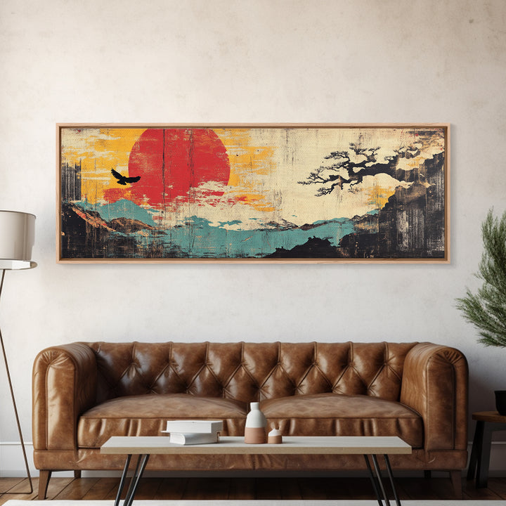 Red Sun Coastal Mountain Wall Art, Japanese Wall Art, Bird Silhouette, Japandi Decor, Panoramic Canvas Print, Home Decor