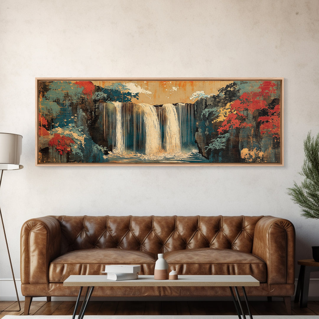 Misty Waterfall And Red Autumn Forest Wall Art, Japanese Landscape Canvas, Panoramic Nature Print, Serene Living Room Decor