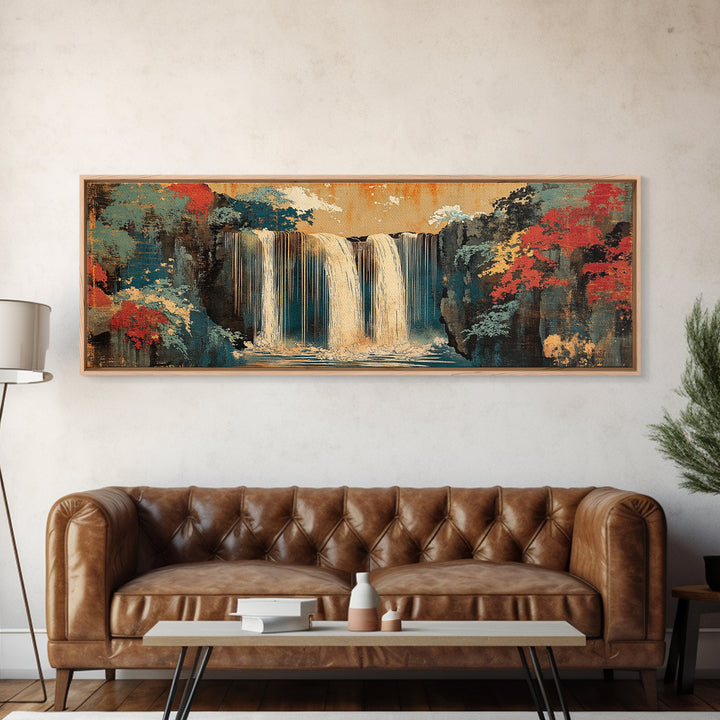 Misty Waterfall And Red Autumn Forest Wall Art, Japanese Landscape Canvas, Panoramic Nature Print, Serene Living Room Decor