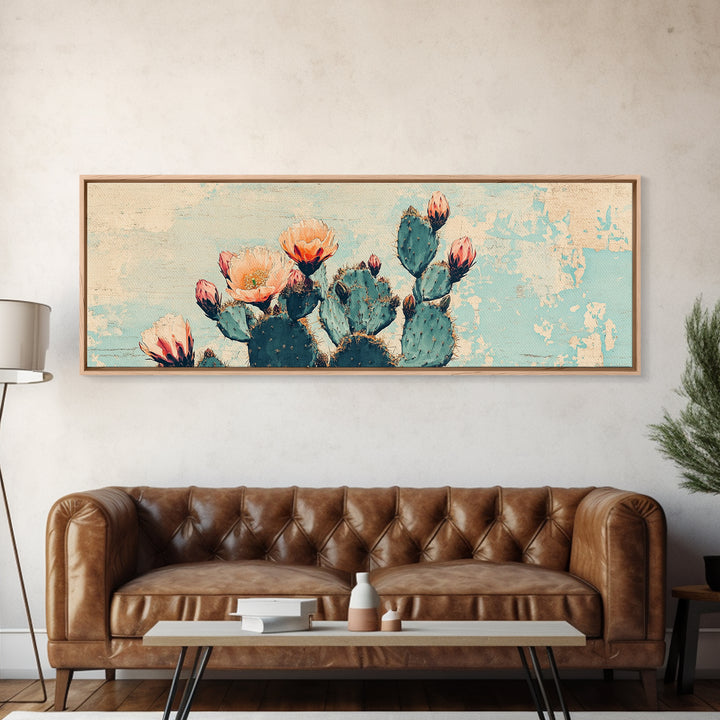 Blooming Prickly Pear Cactus Canvas Print, Southwestern Desert Wall Art, Floral Botanical Decor, Soft Blue Boho Home Decor