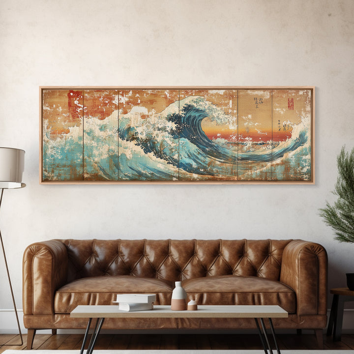 Great Japanese Wave With Golden Sky Canvas Print, Coastal Seascape Wall Art, Ocean Decor, Large Horizontal Living Room Art