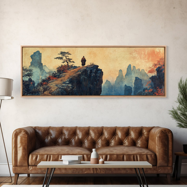 Solitary Monk On Cliff, Misty Asian Mountains Wall Art, Japanese Landscape Print, Zen Home Decor, Panoramic Canvas, Living Room Decor
