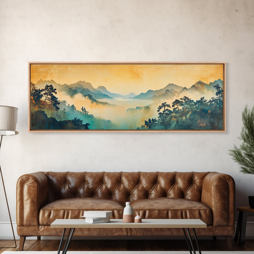 Misty Blue Mountain Valley Framed Canvas Print, Asian Landscape Wall Art, Zen Home Decor, Large Panoramic Nature Print, Office Decor