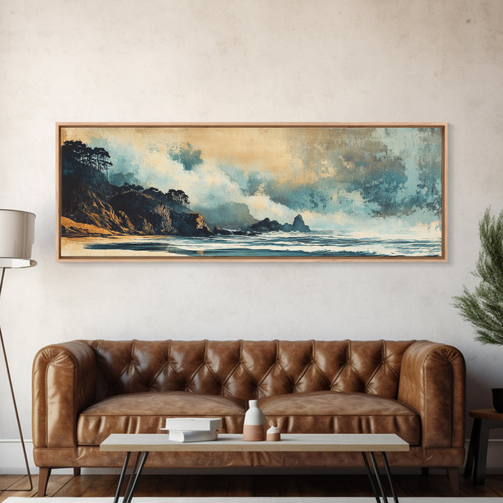 Stormy Coastal Waves And Dark Cliffs Canvas Print, Moody Seascape Wall Art, Ocean Decor, Beach House Living Room Art Print