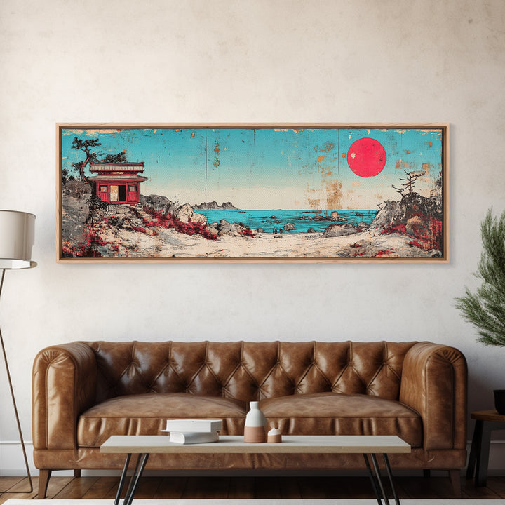 Seaside Shrine With Red Sun Wall Art, Japanese Coastal Print, Retro Pagoda Decor, Zen Ocean Landscape Canvas Gift For Home Decor