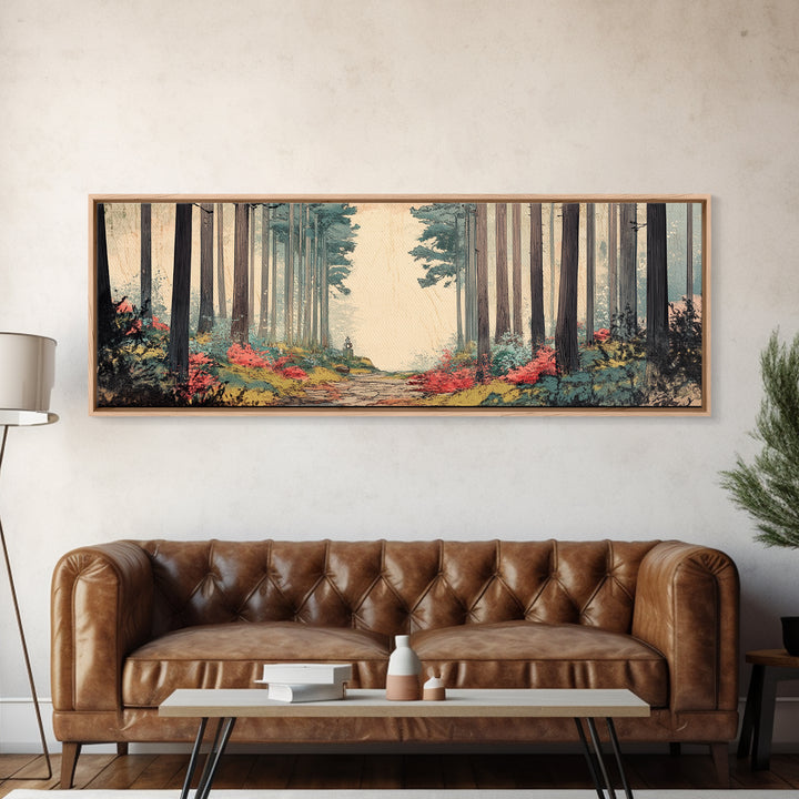 Misty Forest Path With Tall Pines Wall Art, Woodland Landscape Print, Japandi Nature Decor, Calming Office Canvas For Home