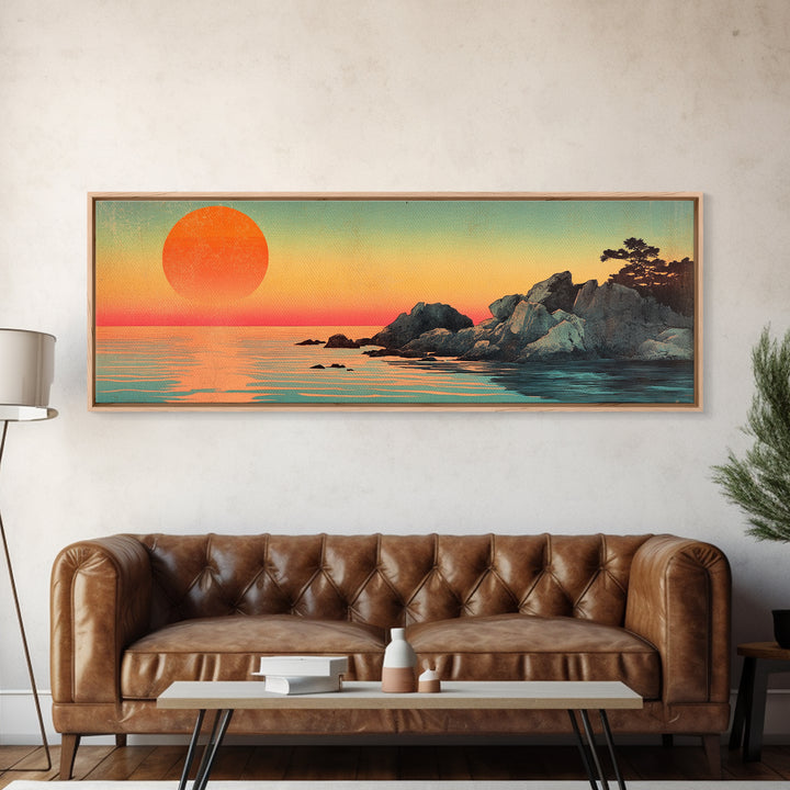 Orange Sunset Over Rocky Shore Wall Art, Japanese Coastal Seascape Print, Serene Ocean Decor, Large Horizontal Canvas Gift