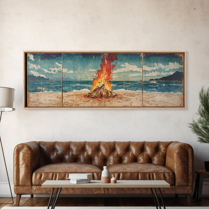 Beach Bonfire Beside Blue Ocean Wall Art, Coastal Triptych Print, Summer Seascape Decor, Large Framed Canvas Print Gift For Her