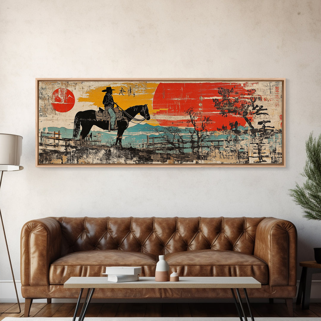 Cowboy On Horse By Red Barn Canvas Print, Rustic Western Landscape Wall Art, Farmhouse Country Decor, Ranch House Gift Idea