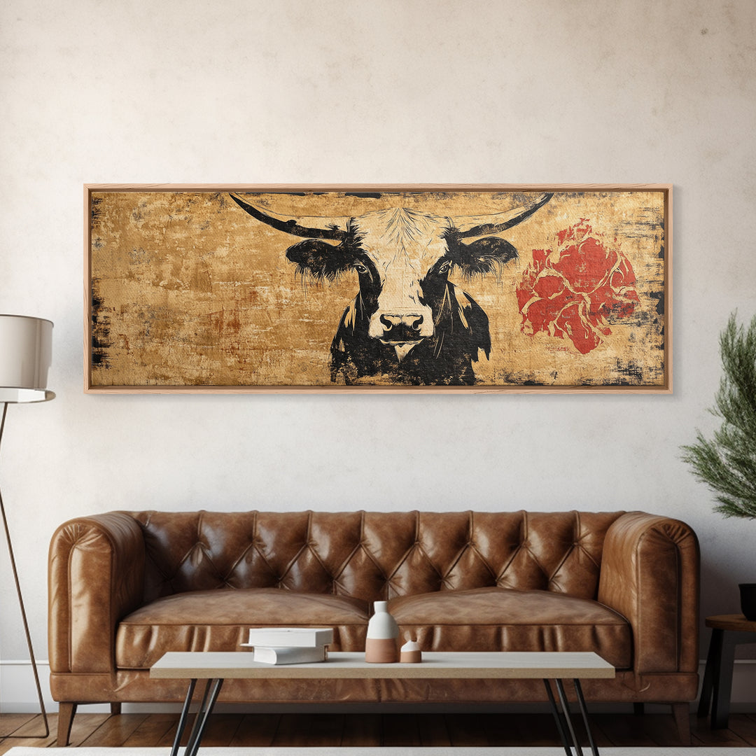 Black And White Longhorn Cow Wall Art, Rustic Western Canvas Print, Farmhouse Ranch Decor, Southwest Animal Poster Print