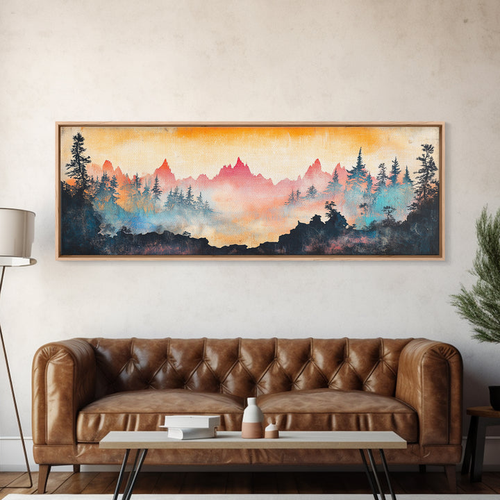 Misty Mountain Forest Sunrise Canvas Print, Panoramic Landscape Wall Art, Nature Inspired Living Room Home Decor, Cabin Decor